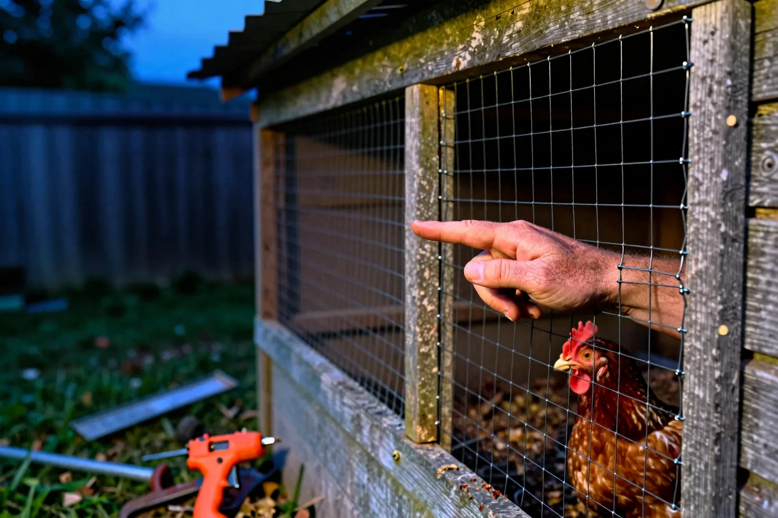 A bare finger slips through a wide opening in old chicken wire beside newer mesh to show the reach-through risk.