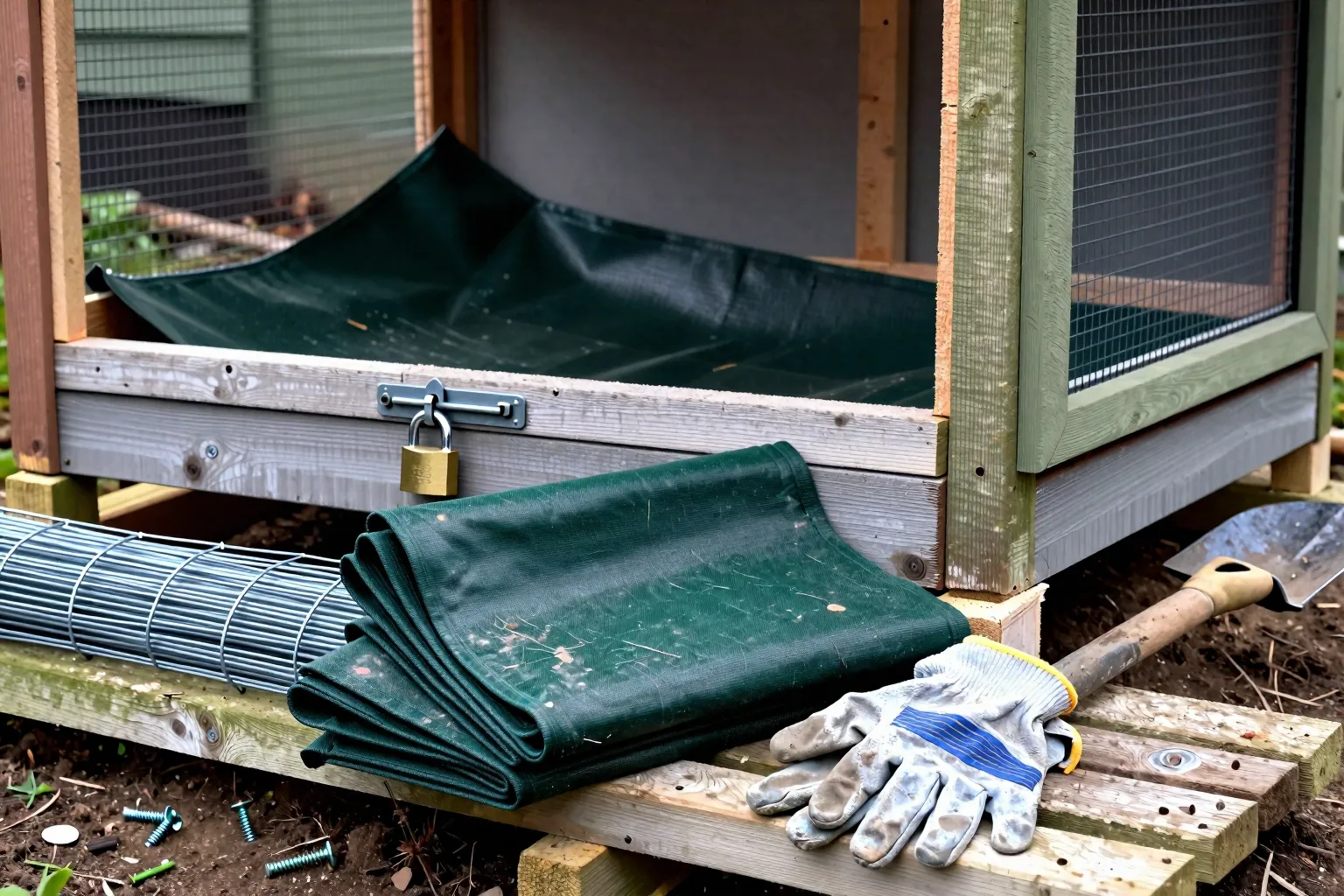 Wire mesh, gloves, screws, and a lock are gathered beside a wooden chicken run for predator-proofing.