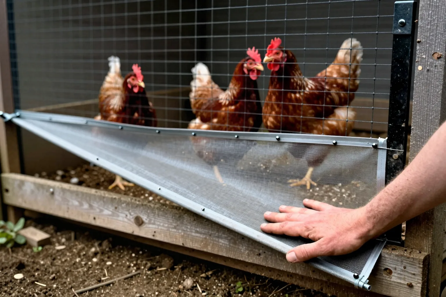 Wire mesh lies flat beyond the run wall, helping block digging animals from reaching the hens.