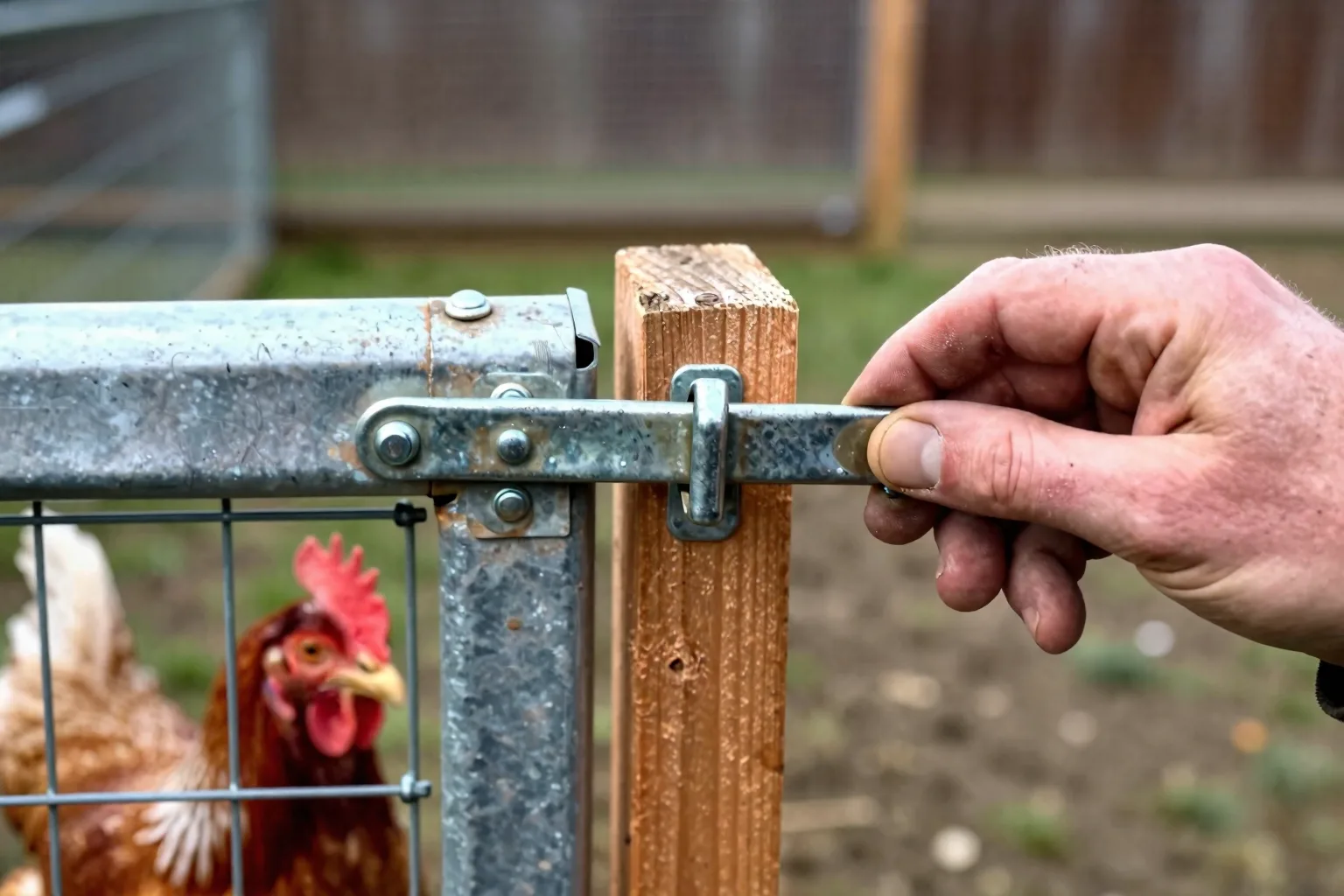 A hand lifts a retaining tab before sliding the bolt shut, securing the chicken-run door against predators.