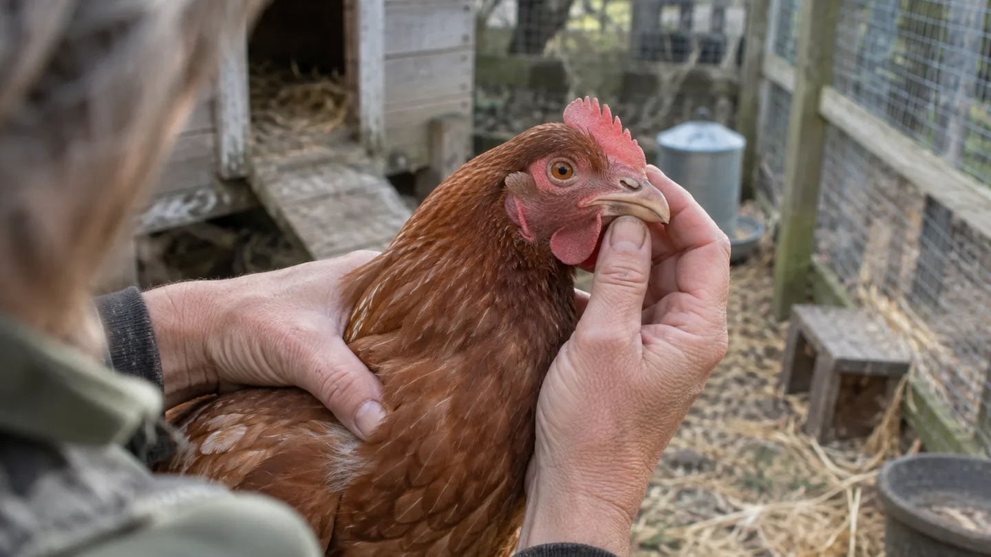 A keeper gently supports a hen while checking its nostrils during a backyard health inspection.