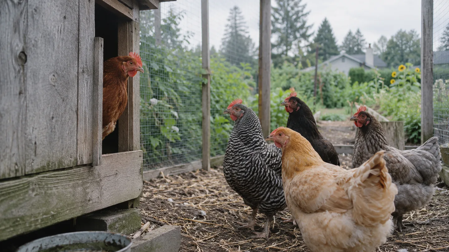 A flock pauses beside a nest box as one hen peeks around the edge, showing the calls in their backyard context.