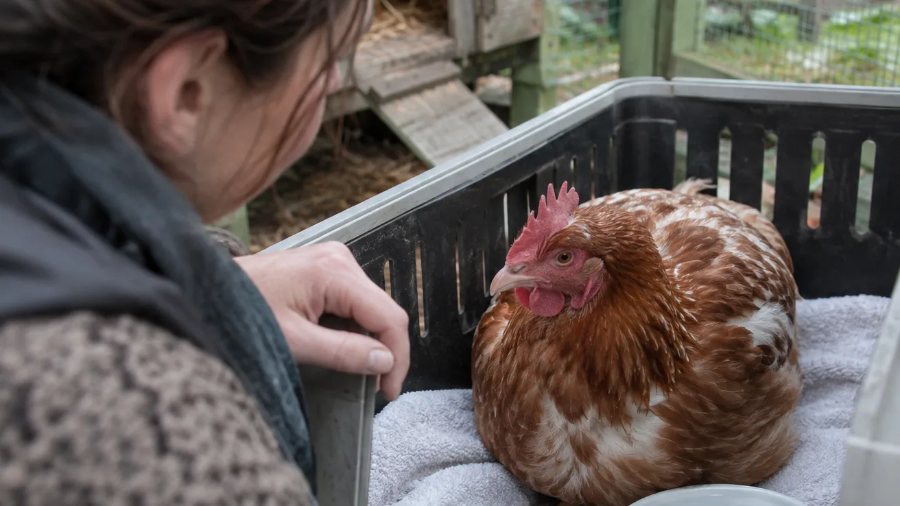 A concerned keeper watches a hen breathe in a clean isolation crate after it repeatedly brings water back up.