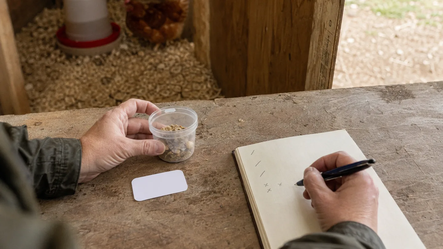 A hand marks flock observations beside a fresh sample container and blank label on a coop work surface.