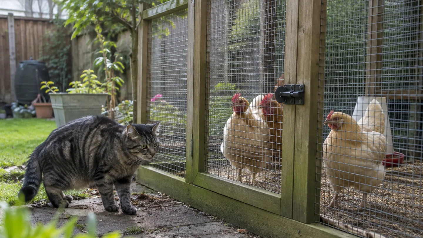 A tense cat watches chickens safely behind wire mesh beside a backyard patio.