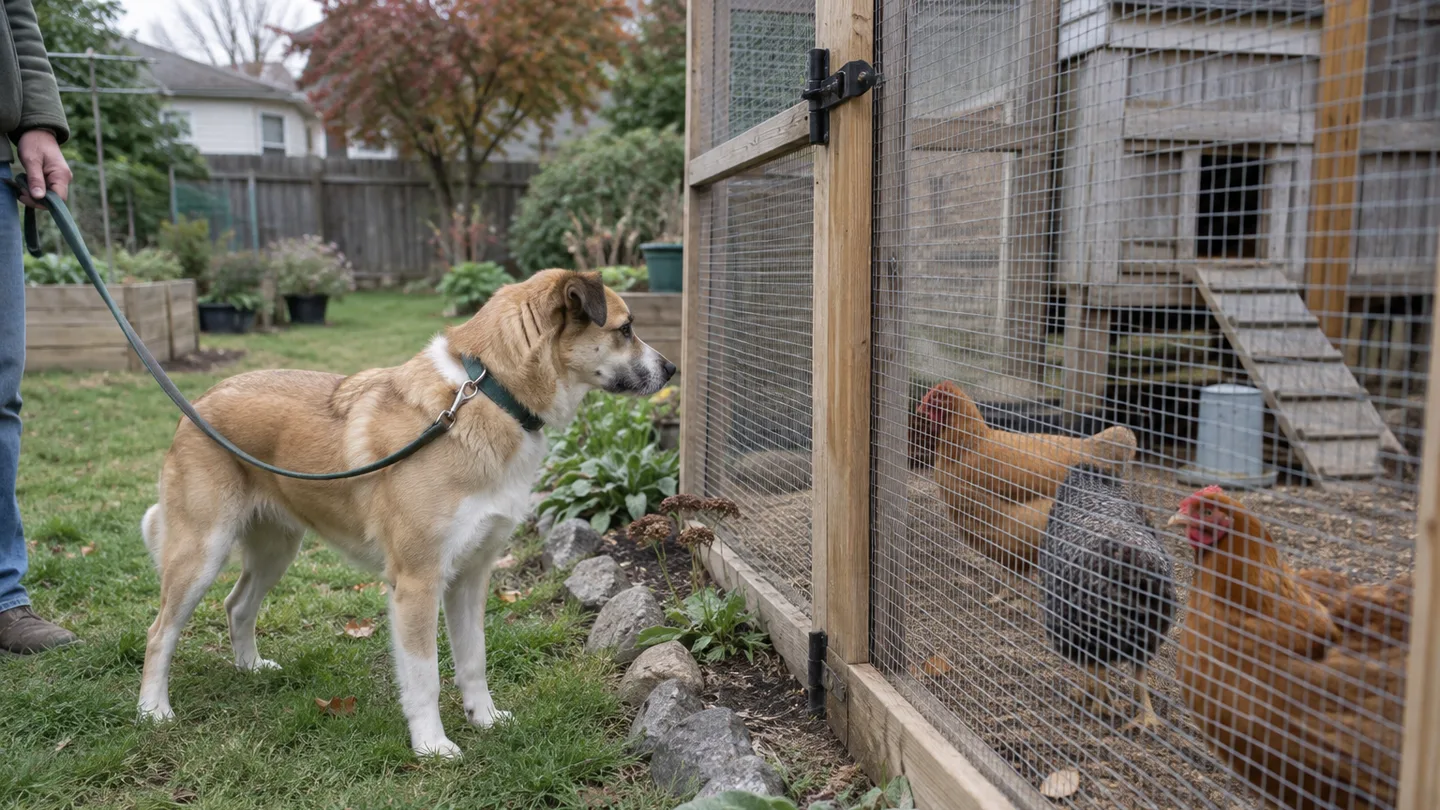 A leashed dog calmly watches hens from outside a secure backyard run during a supervised introduction.