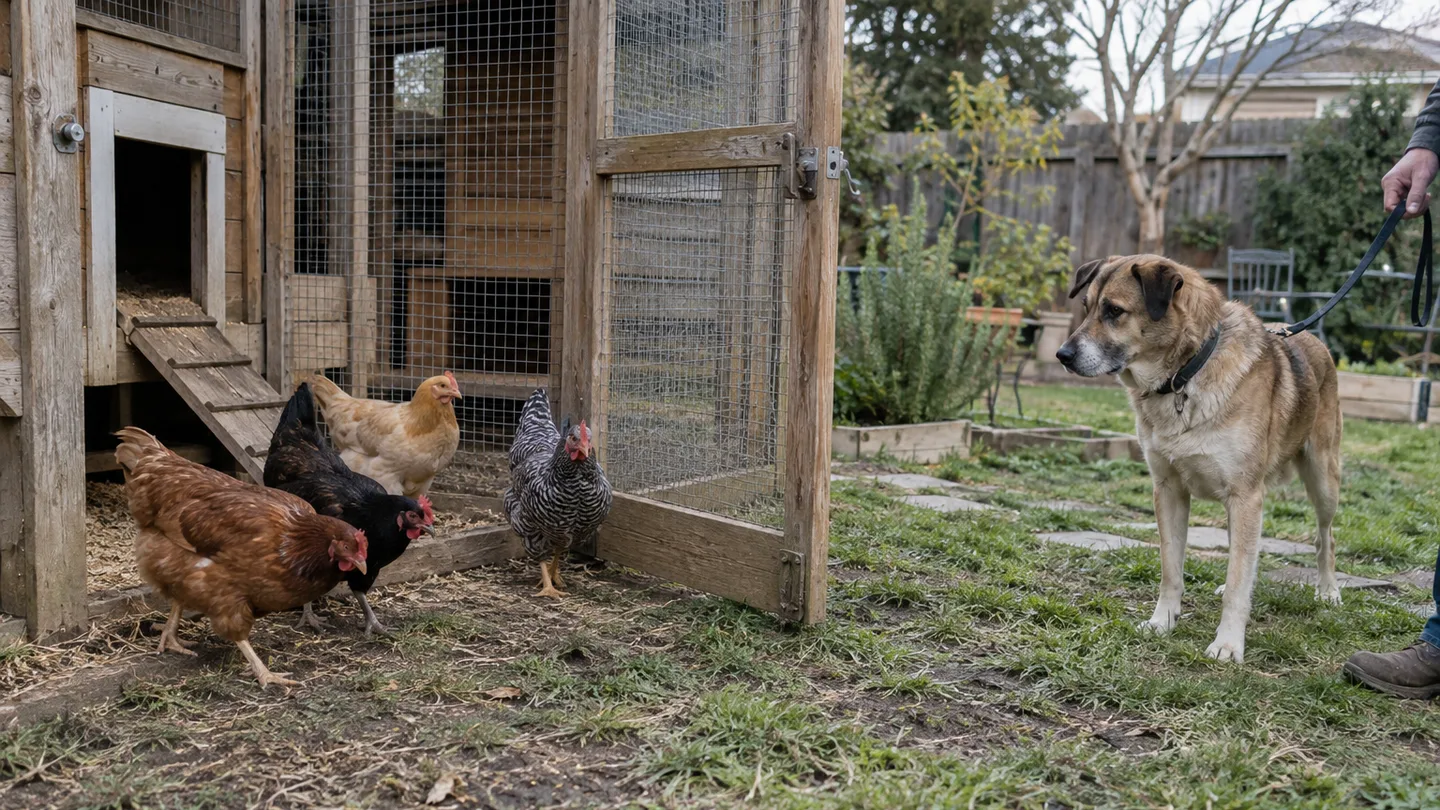 Four hens use an open coop doorway while a leashed dog waits nearby during a supervised backyard introduction.