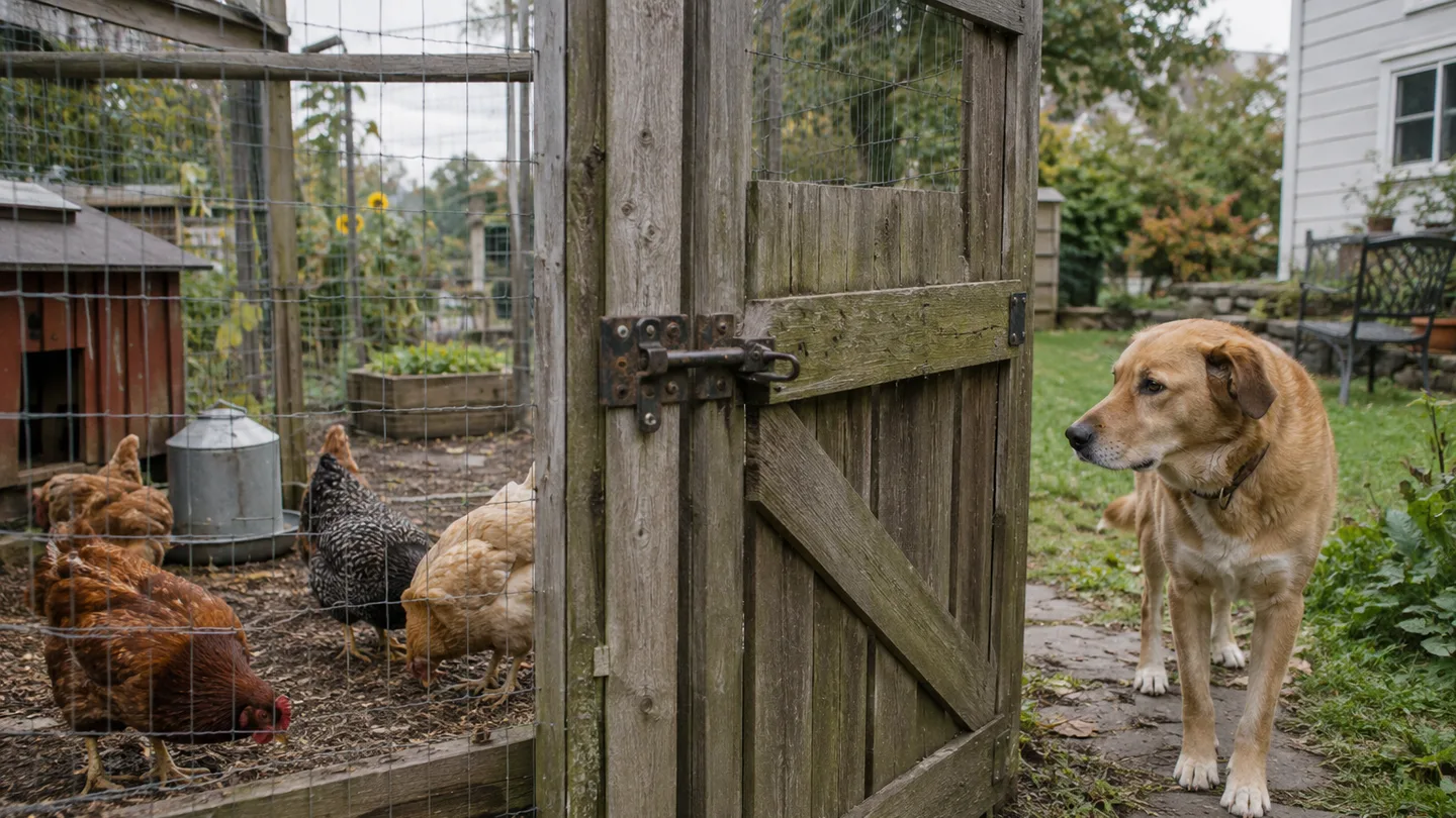A closed gate separates a dog from chickens in their run, showing a safe boundary when no one is nearby.