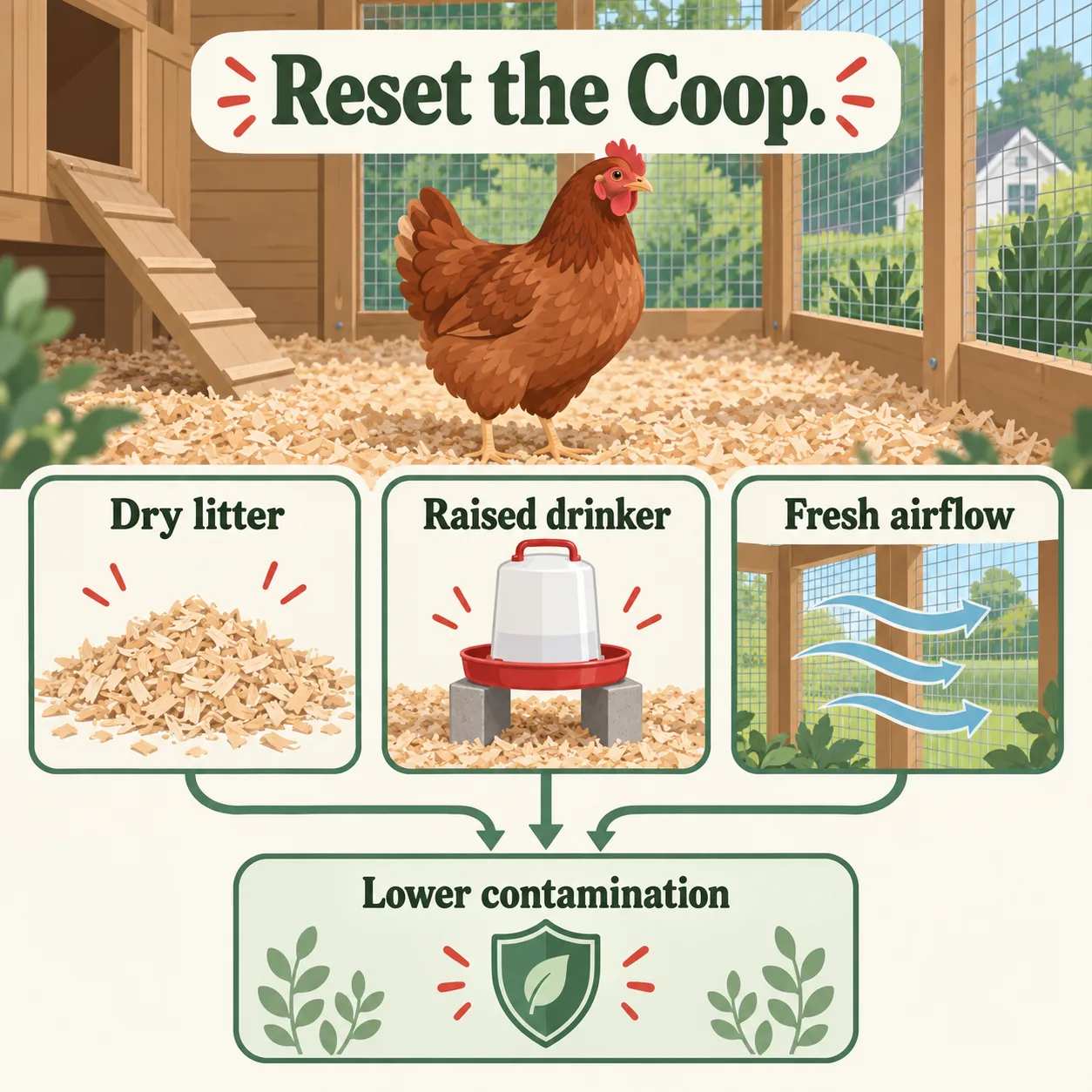 A clean coop diagram shows dry bedding, a raised waterer, and moving air helping lower contamination.