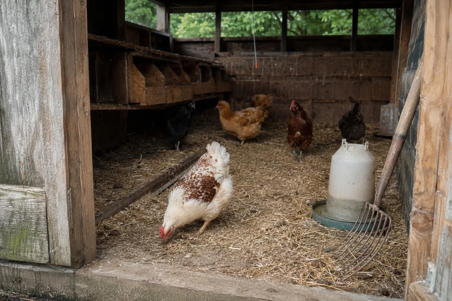 Six hens move across layered dry bedding beside a rake and clean feeders in a well-ventilated coop.