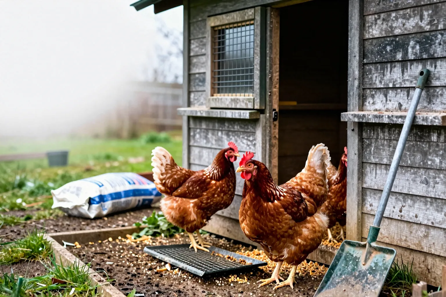 Three hens stand beside a compact backyard coop, with muddy ground and cleaning tools showing the space and work involved.