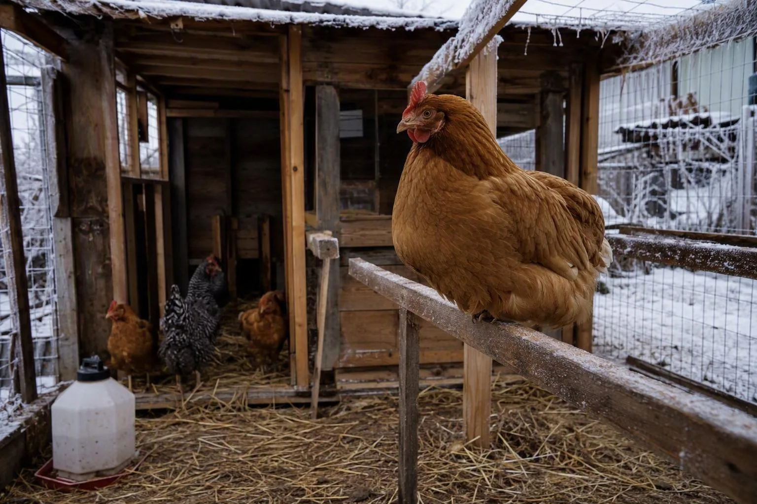 A healthy hen rests on a dry roost inside a frost-covered, unheated winter coop.