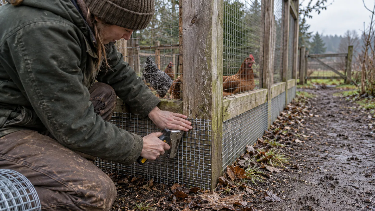 Hands fasten welded mesh to a chicken-run panel to help keep foxes from getting inside.