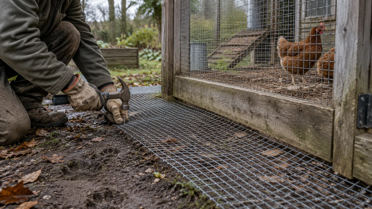 A mesh apron extends outward from the chicken-run fence across the soil to deter digging foxes.
