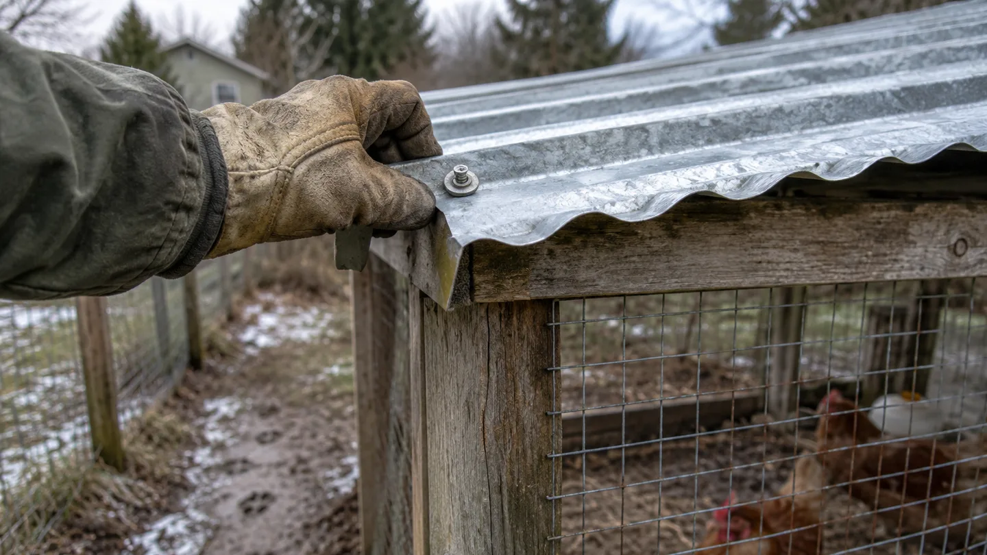 A gloved hand fastens corrugated roofing over the wire-mesh edge of a cedar chicken run.