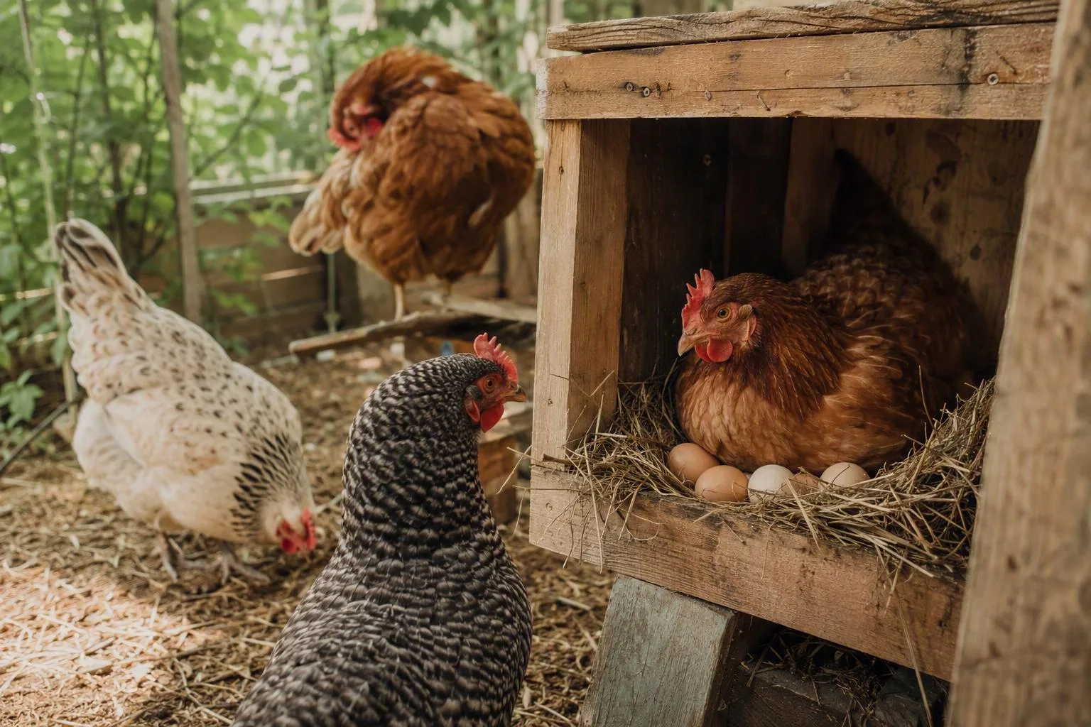Several hens gather around a nest box, showing the flock’s different routines and laying patterns.