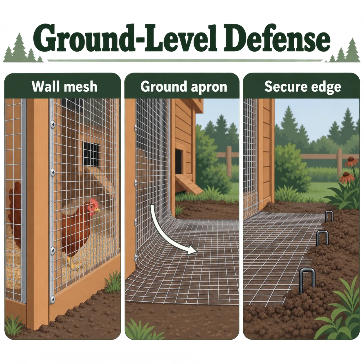 A continuous mesh apron extends from the run wall across the ground to help block digging predators.