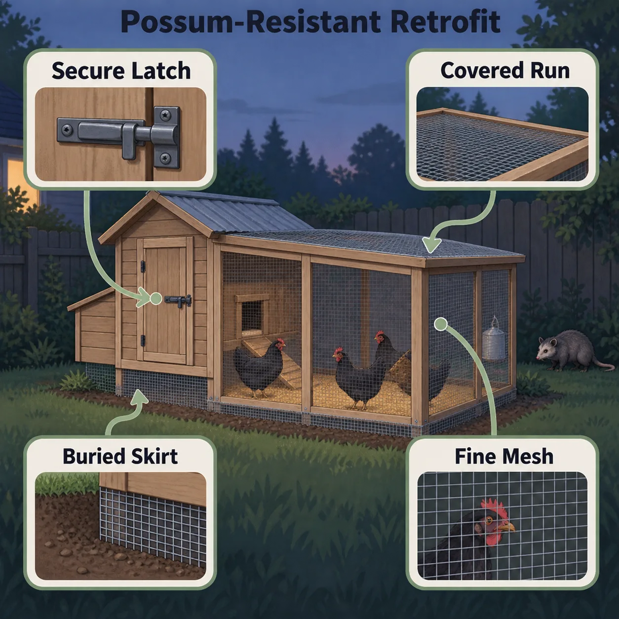 Four retrofit points show how a closed chicken coop can be harder for possums to enter.