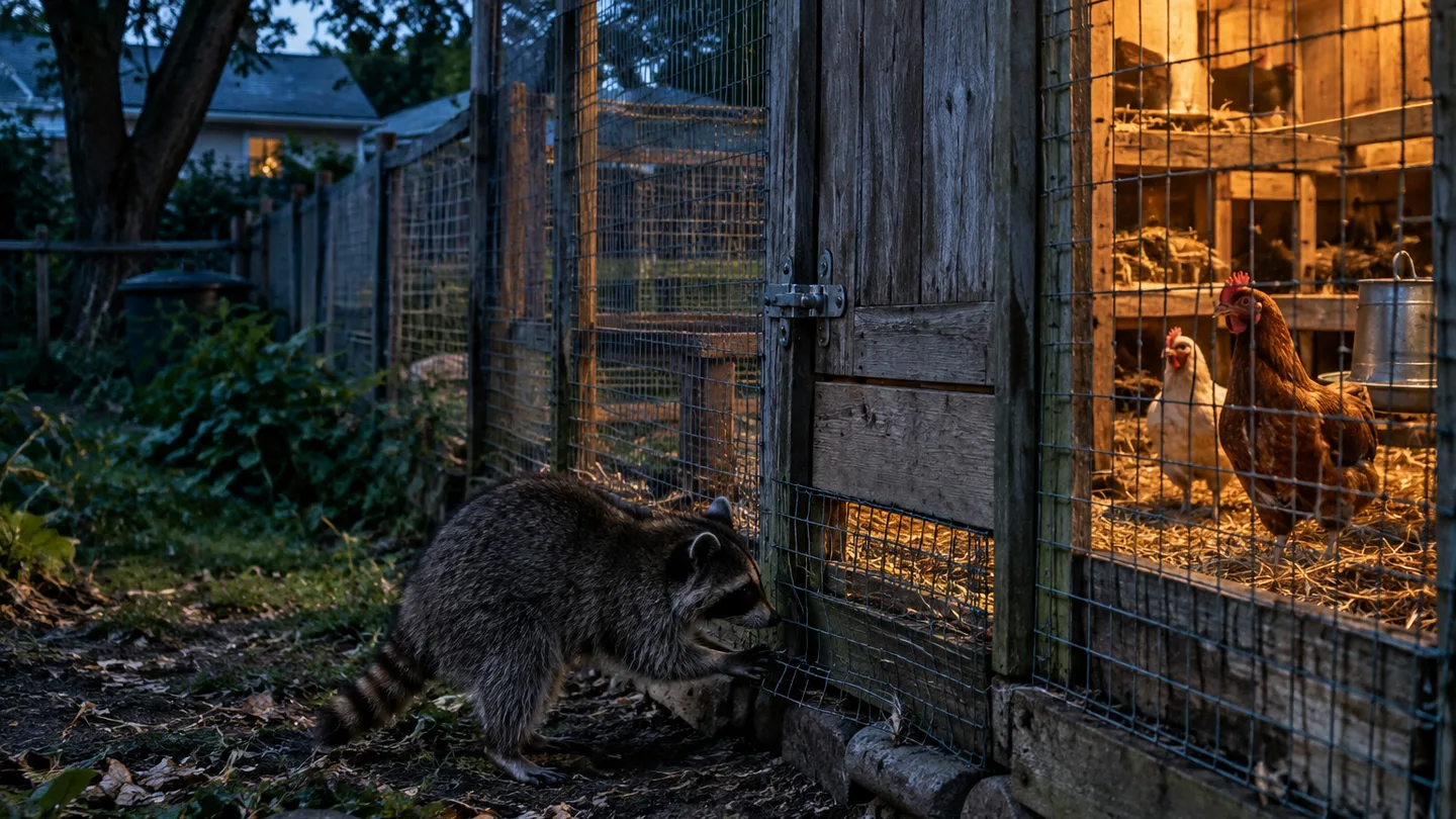 A raccoon probes a loose wire corner beside a closed coop, revealing how hens can remain vulnerable after dark.
