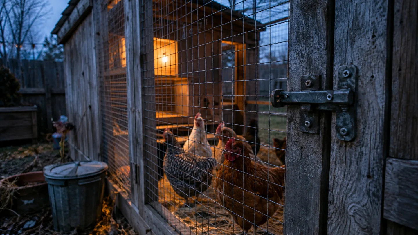 A small flock rests behind hardware cloth in a secured backyard coop, protected from nighttime predators.