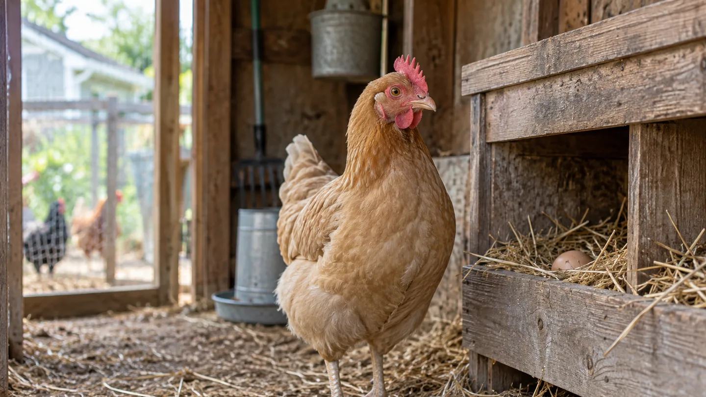 An alert hen stands beside a nest box, showing that one missed egg does not prove illness.