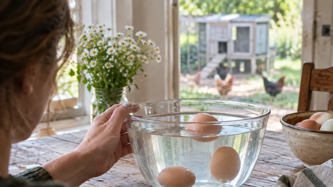 Three eggs in a glass bowl show different buoyancy results: one sinks, one stands upright, and one floats.