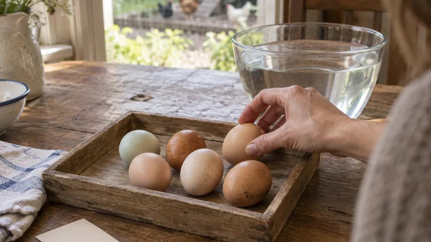 Six backyard eggs sit together beside a glass bowl, grouped for a same-day freshness comparison.