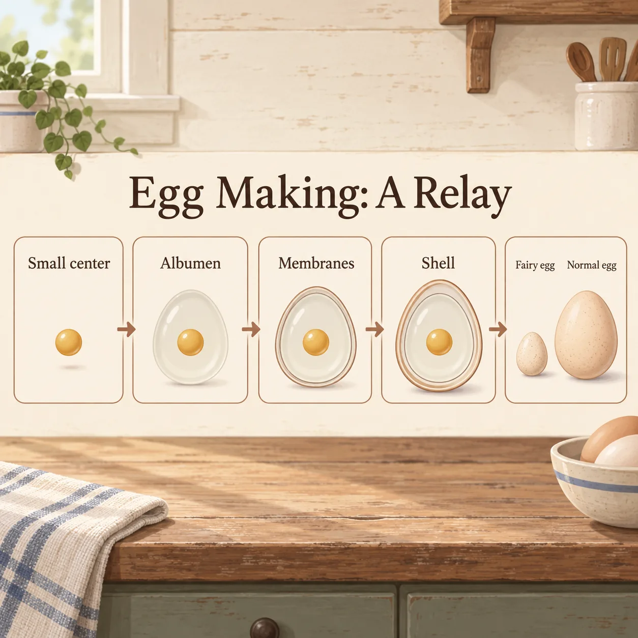 A small core gains egg white, membranes, and a shell before being compared with a full-size egg.