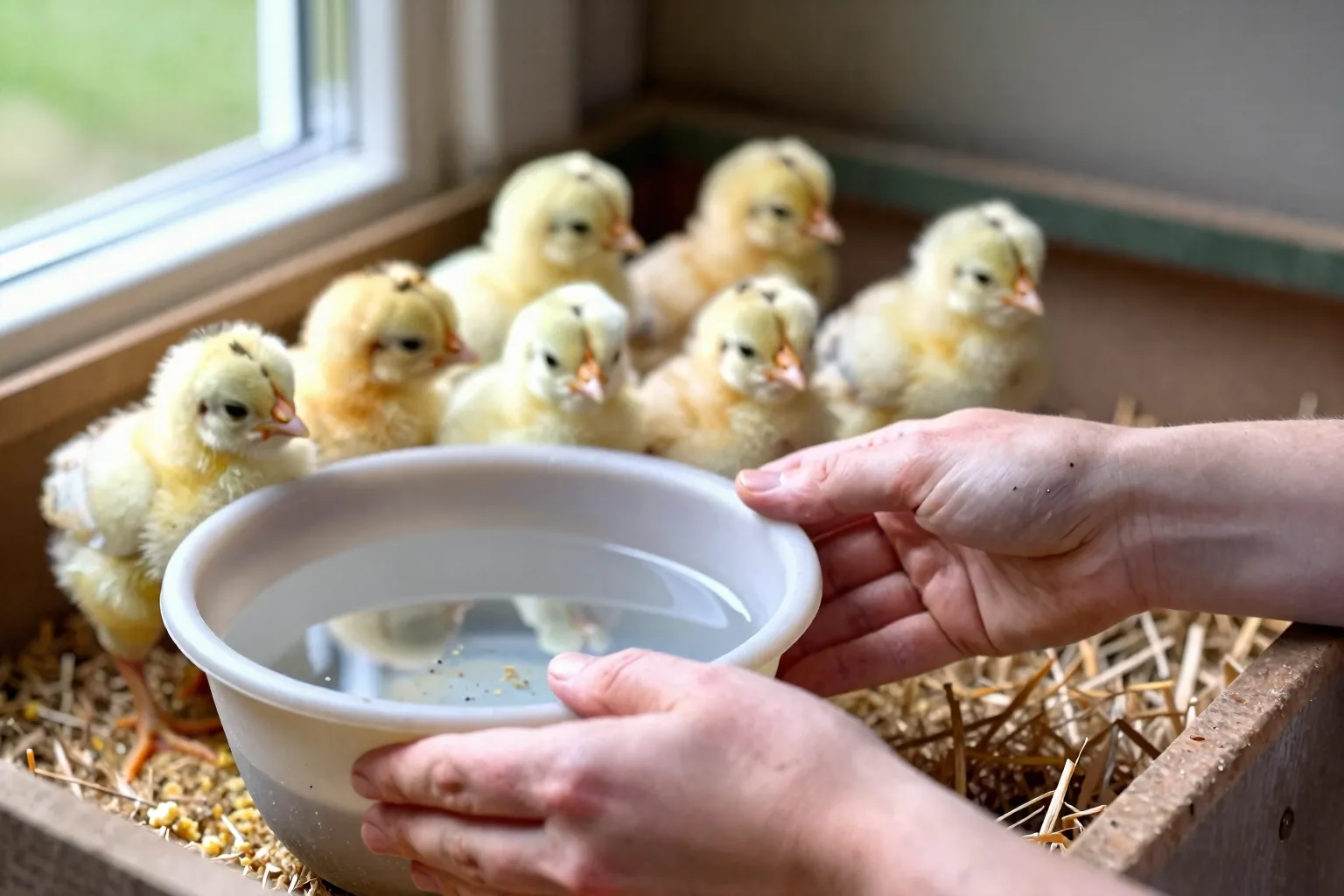A hand checks a clean feeder beside fresh water and dry bedding in a chick brooder.