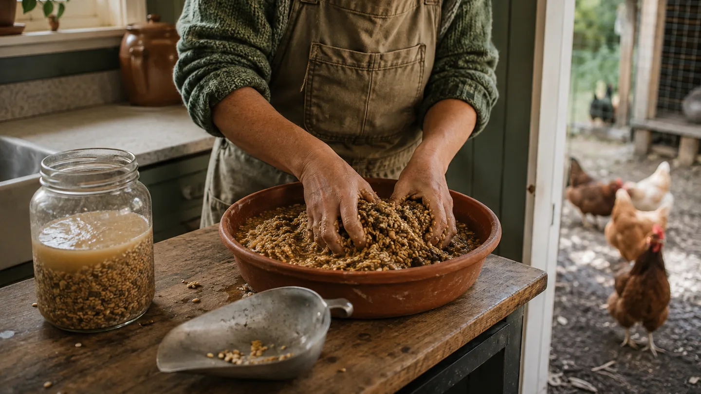 A small-flock keeper mixes fermented feed beside the backyard run, showing a careful small-batch preparation.