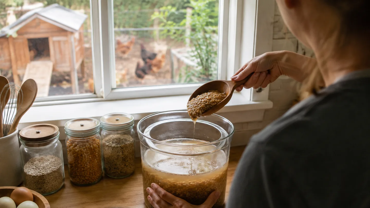 A keeper checks soaked grain beside a covered container before feeding backyard hens.