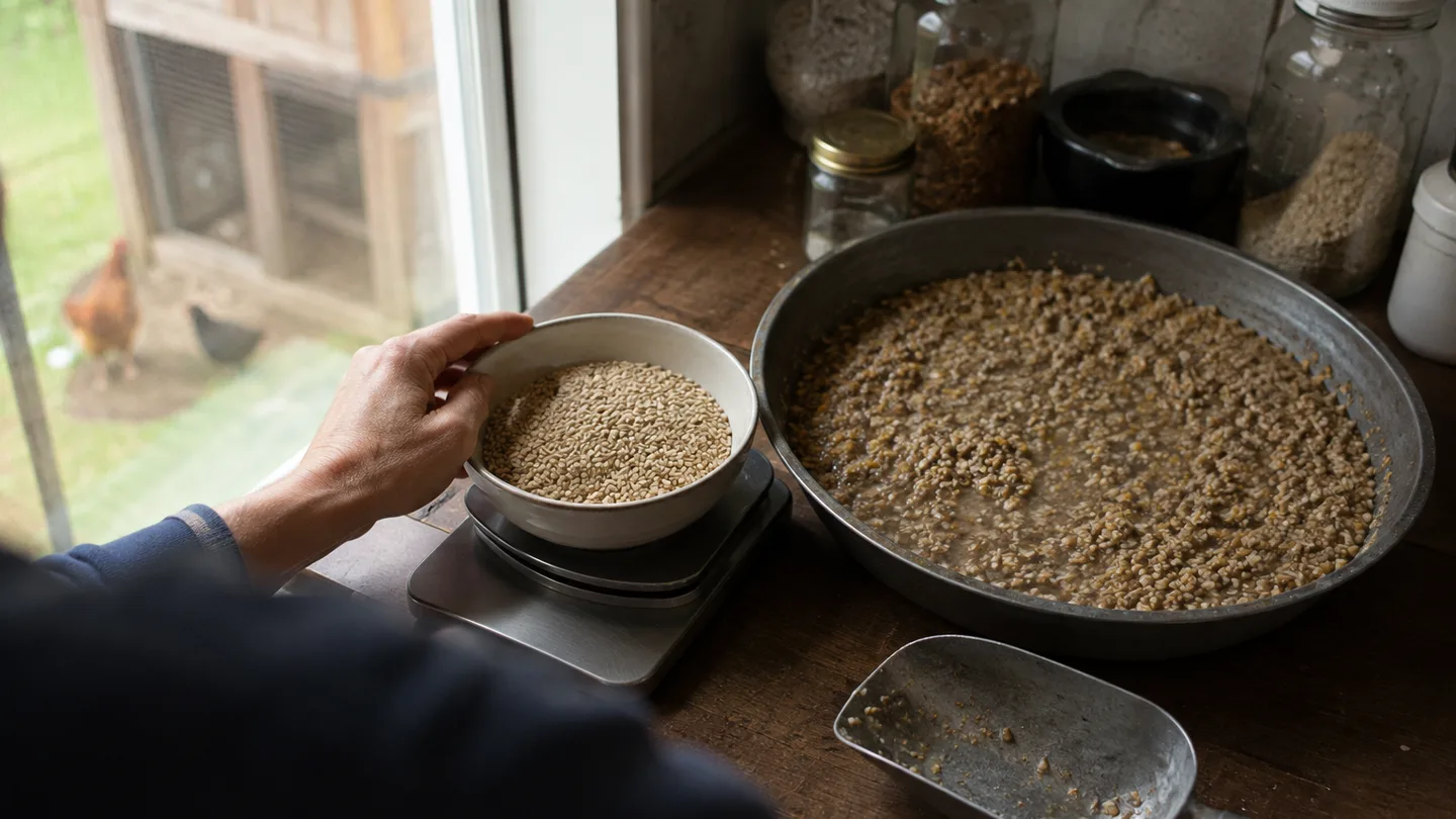 A hand weighs dry grain beside a larger portion of soaked feed ready for a backyard feeder.