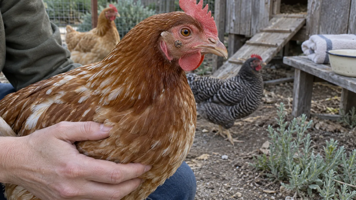 A hen with a small facial scab is checked beside a backyard coop for signs of illness.