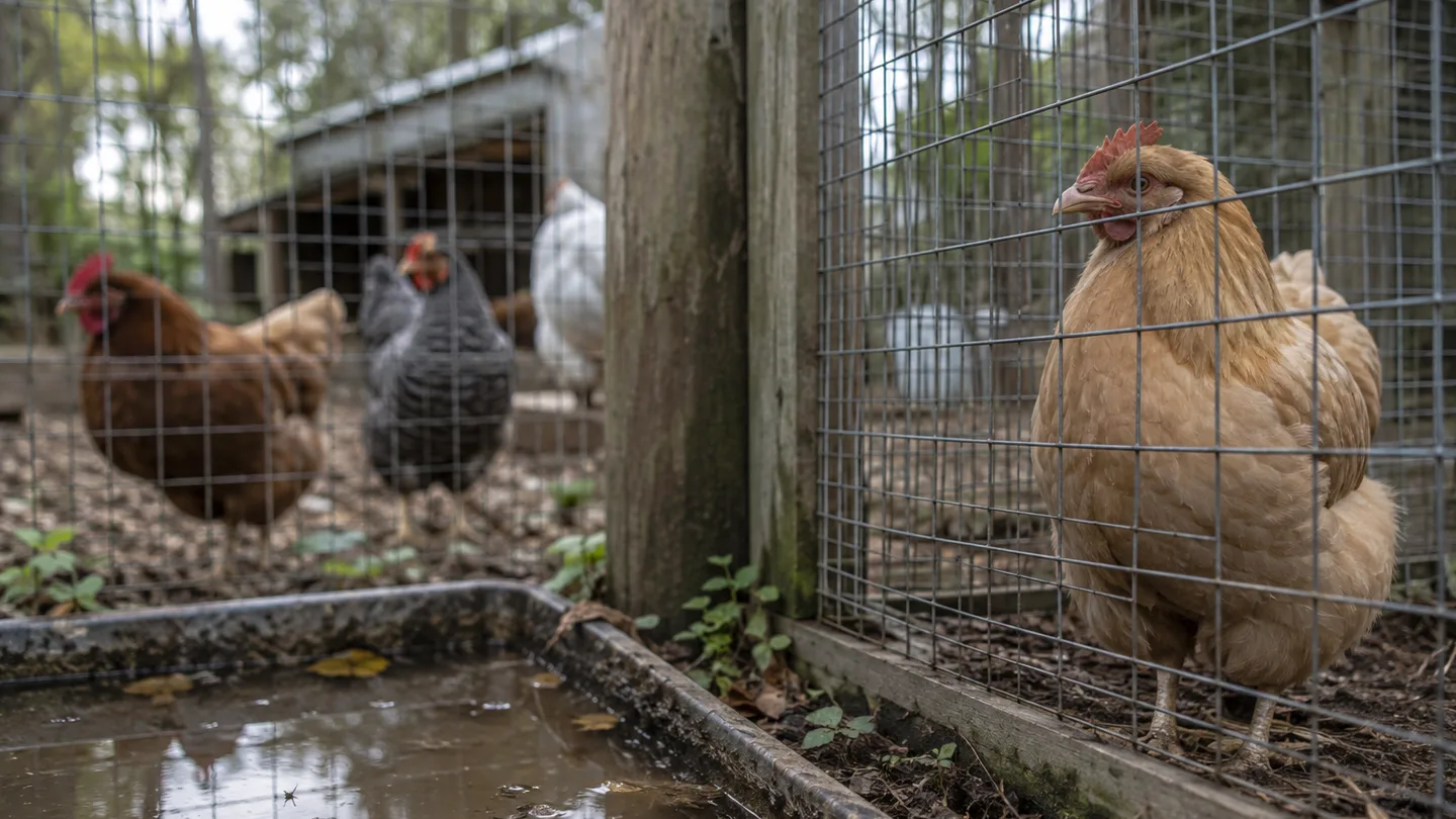 An isolated chicken stands beside standing water near the main run, showing how mosquitoes can move between birds.