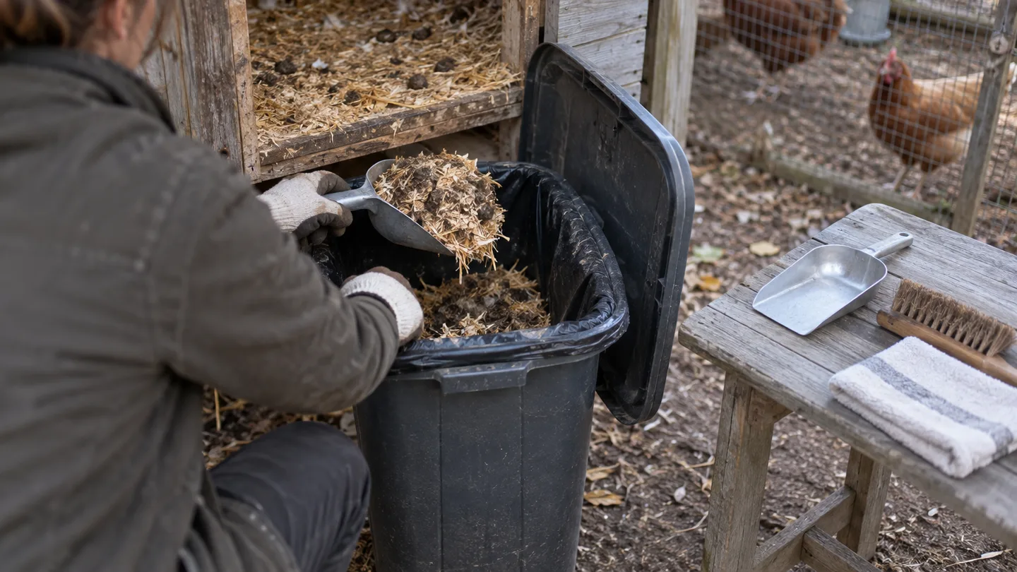 Gloved hands place soiled bedding in a lidded container while clean tools remain separate.
