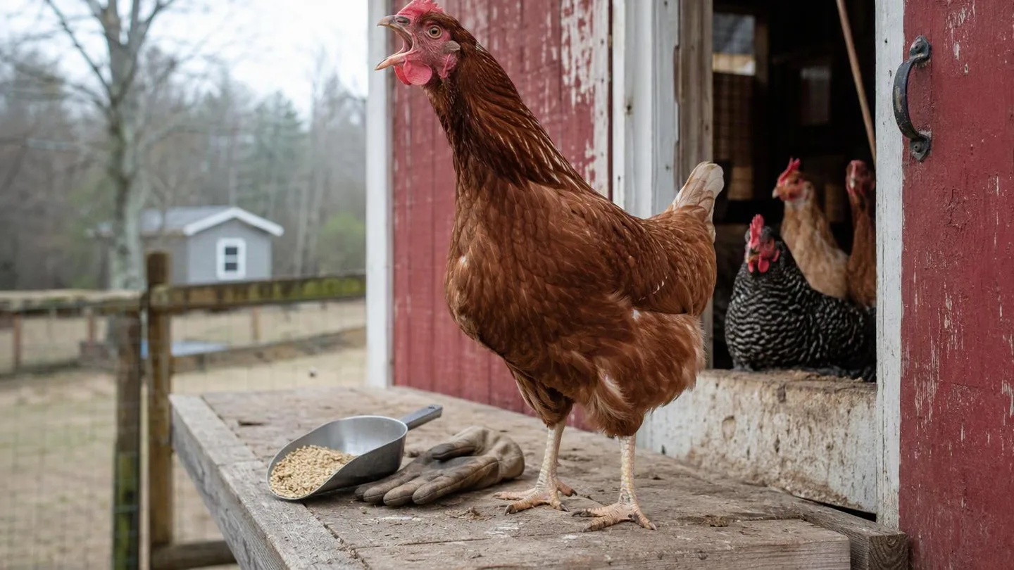 Backyard hen standing with her neck stretched beside a small chicken run.