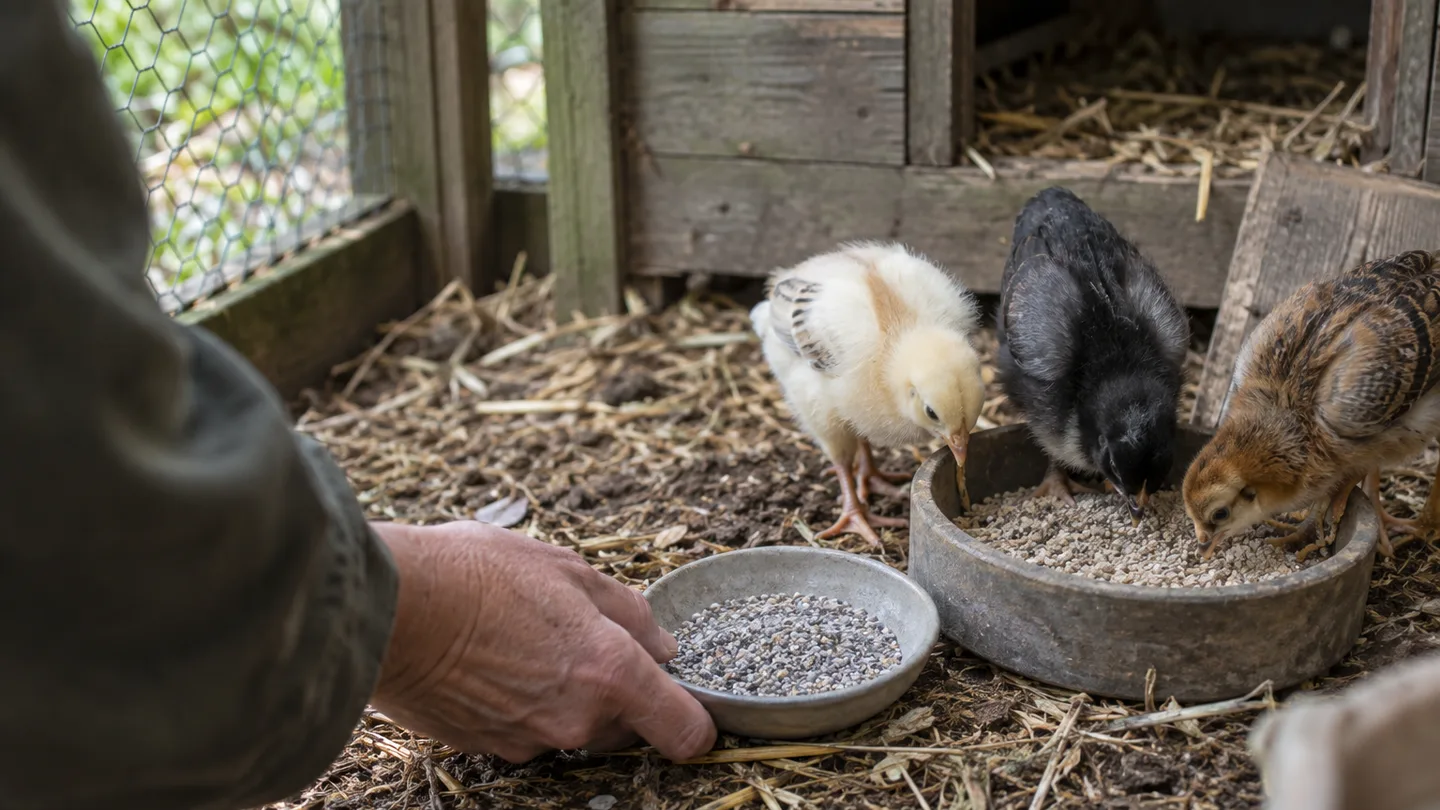 Young chicks peck at starter feed beside a dish of chick-sized grit before coarse treats are introduced.