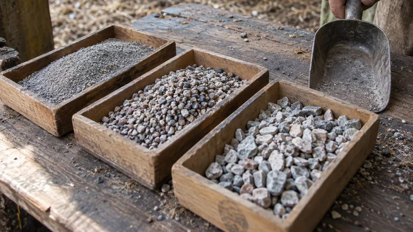 Three trays hold fine, medium, and coarse grit beside a backyard coop for easy particle-size comparison.