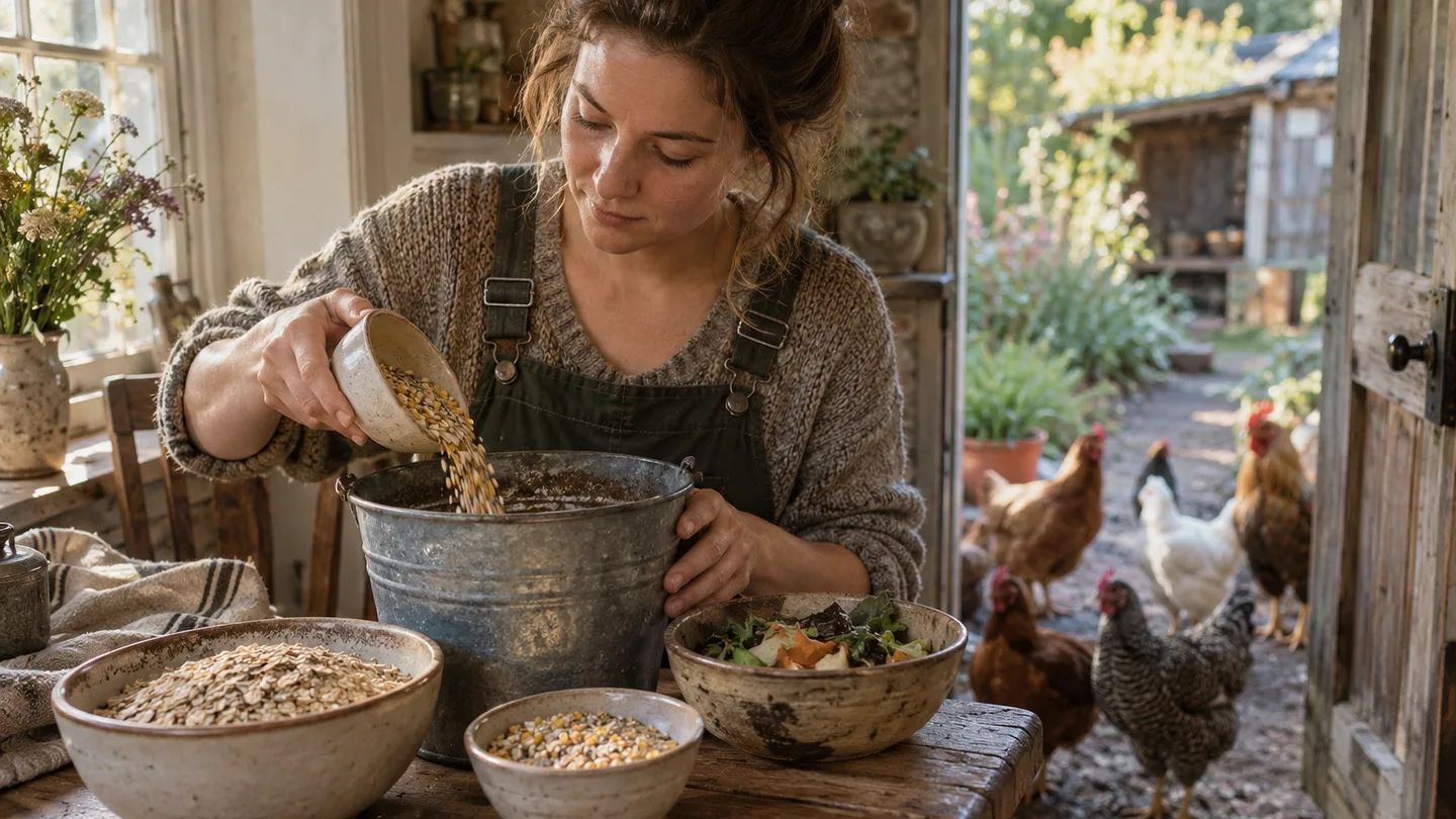 A keeper measures corn, oats, and kitchen scraps beside a small flock gathered at the back door.
