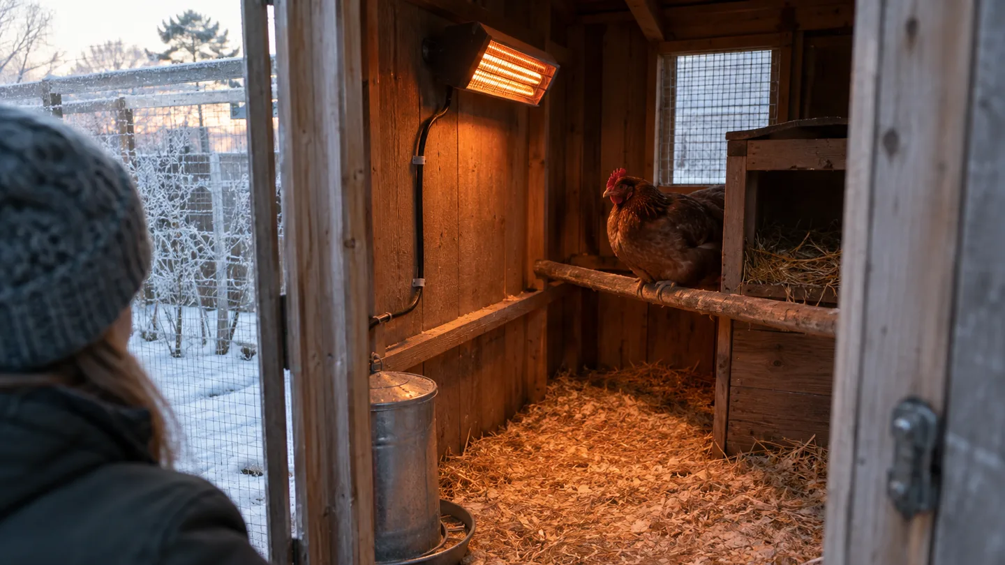 A small coop heater is mounted safely above clean bedding, with its cord clipped along the wall.