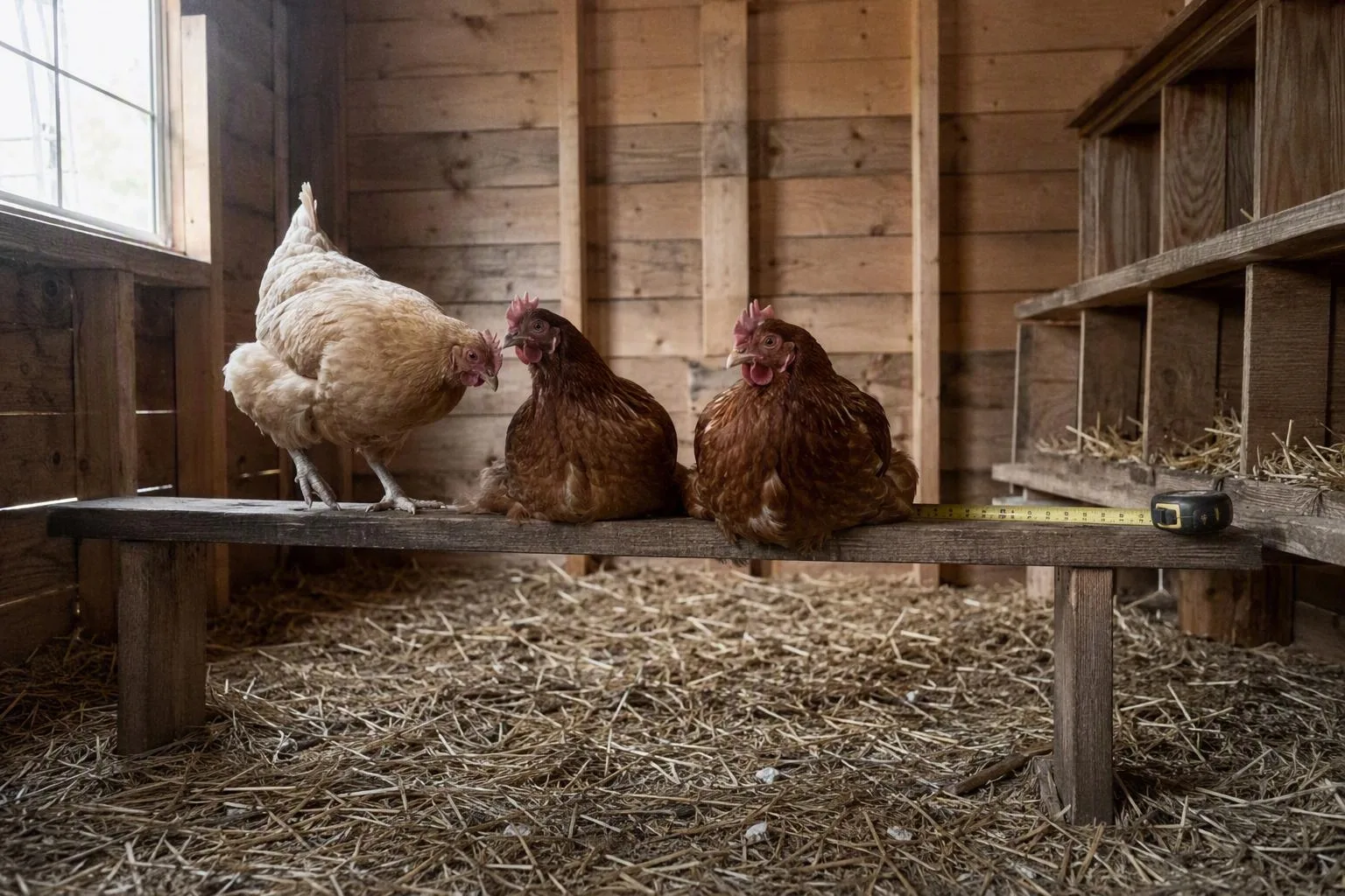 Three hens settle on a low wooden roost beside a measuring tape, showing its practical height in a backyard coop.