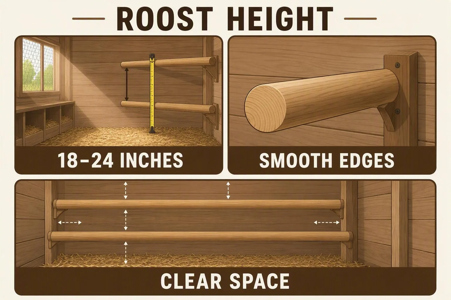 Diagram shows two rounded wooden roosts with open space and an 18–24 inch height guide.