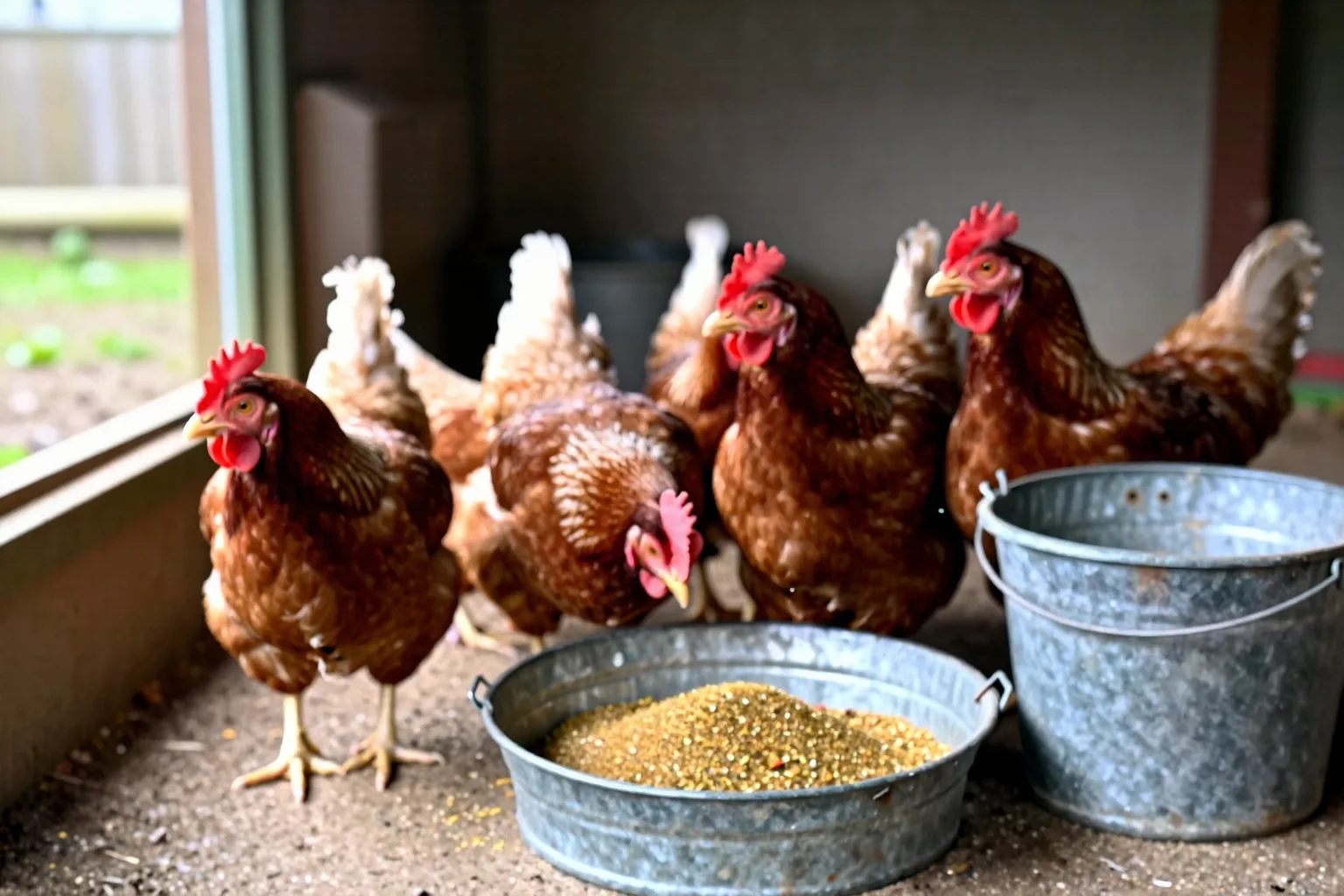 Six hens gather at a backyard feeder beside the flock’s carefully portioned daily feed.
