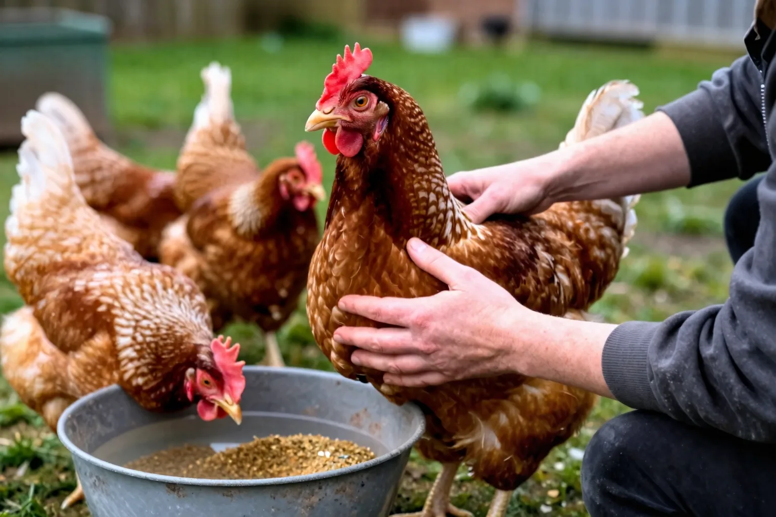 A keeper checks a hen’s breastbone beside clean feed and fresh water to assess its condition.