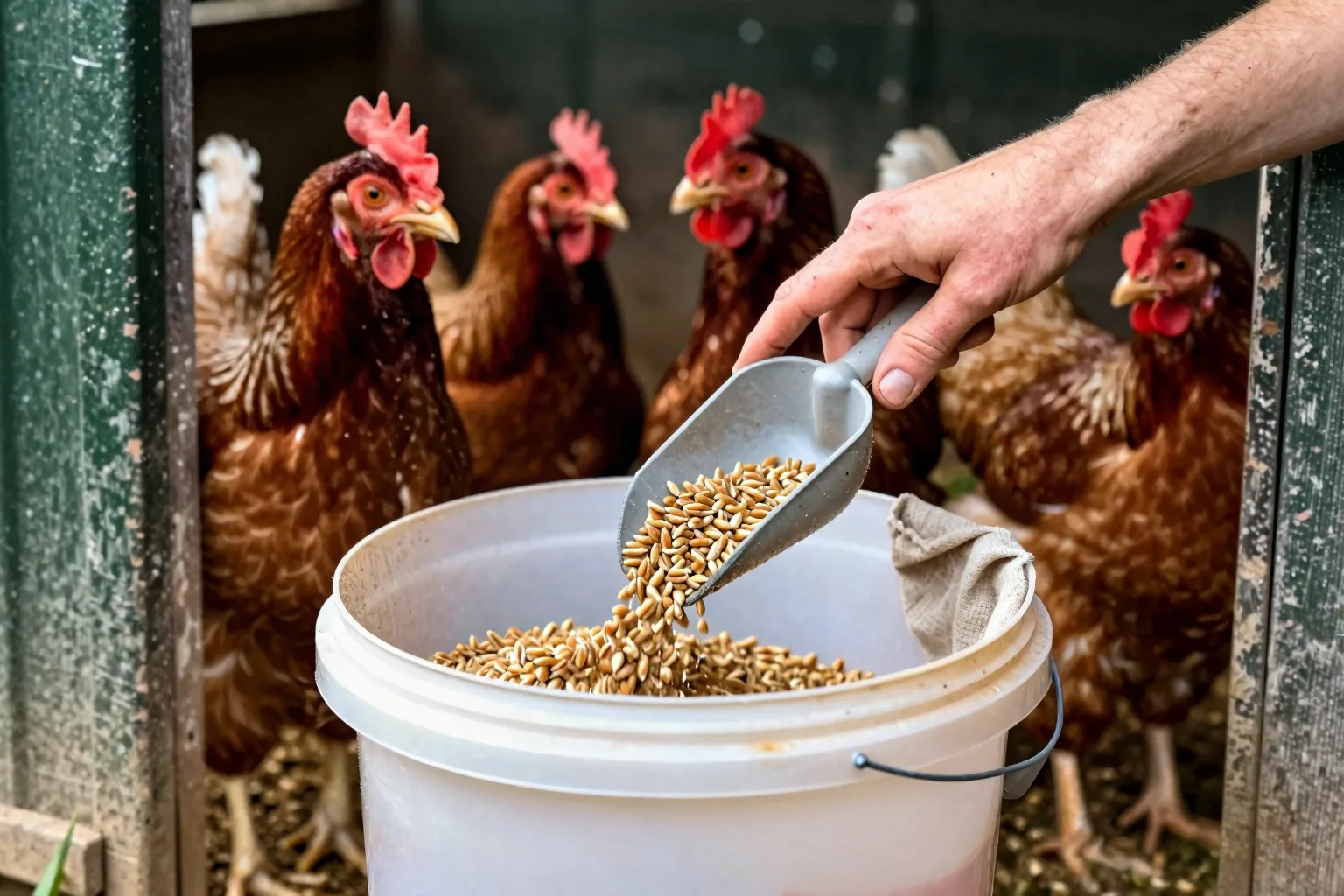 Clean tools, a loose cover, and a washable feeder sit beside soaked grains for safe daily handling.