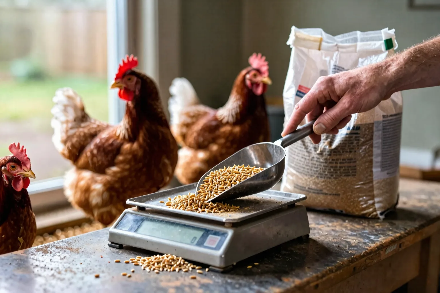A hand weighs a scoop of chicken feed on a kitchen scale beside the coop.