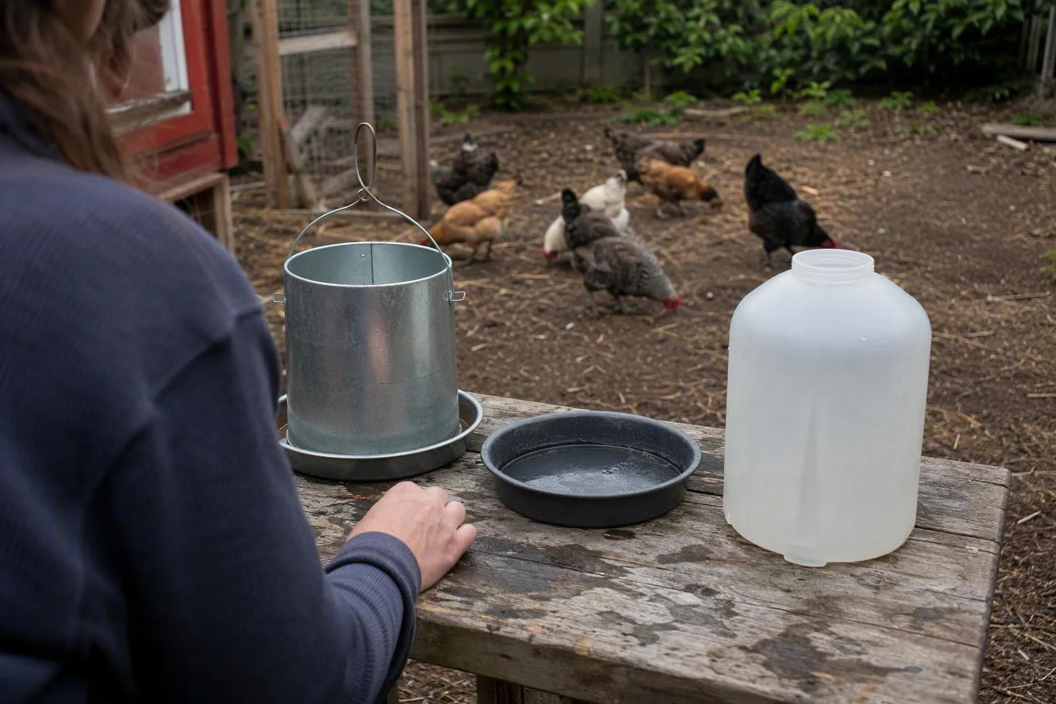 Several water containers are compared beside hens in a shaded backyard run.
