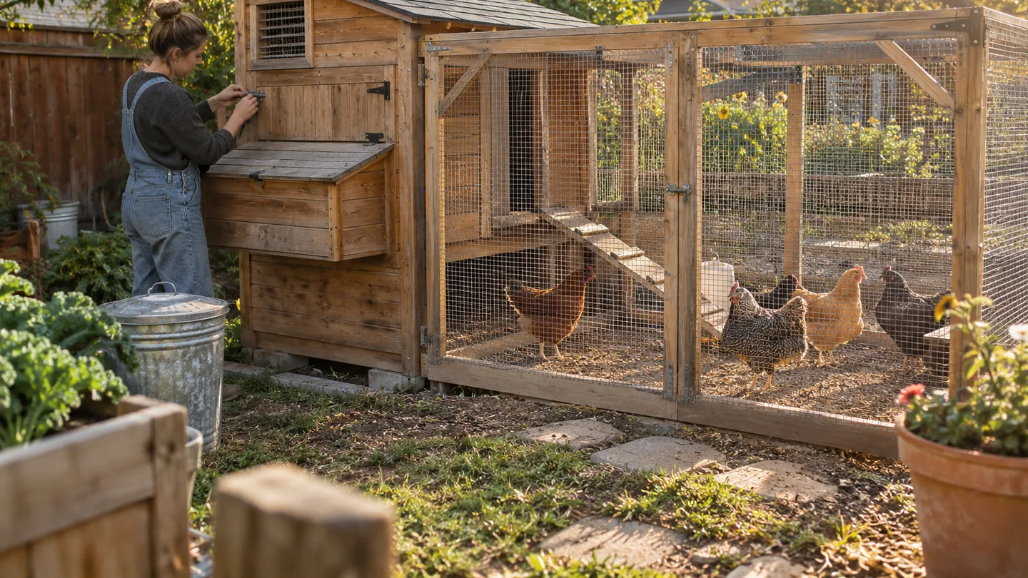 A compact cedar coop with visible vents and secure latches connects to a spacious enclosed run for four hens.