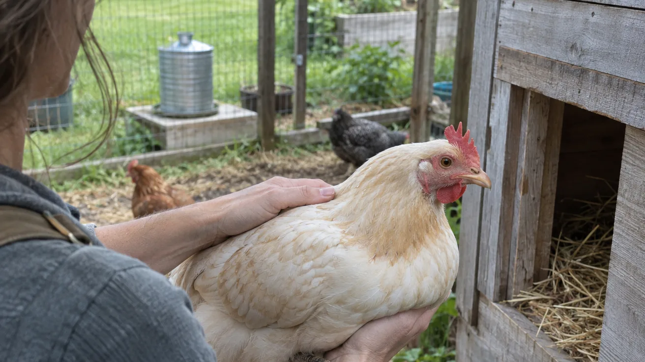 Hands gently support a hen’s body while keeping both wings safely tucked.