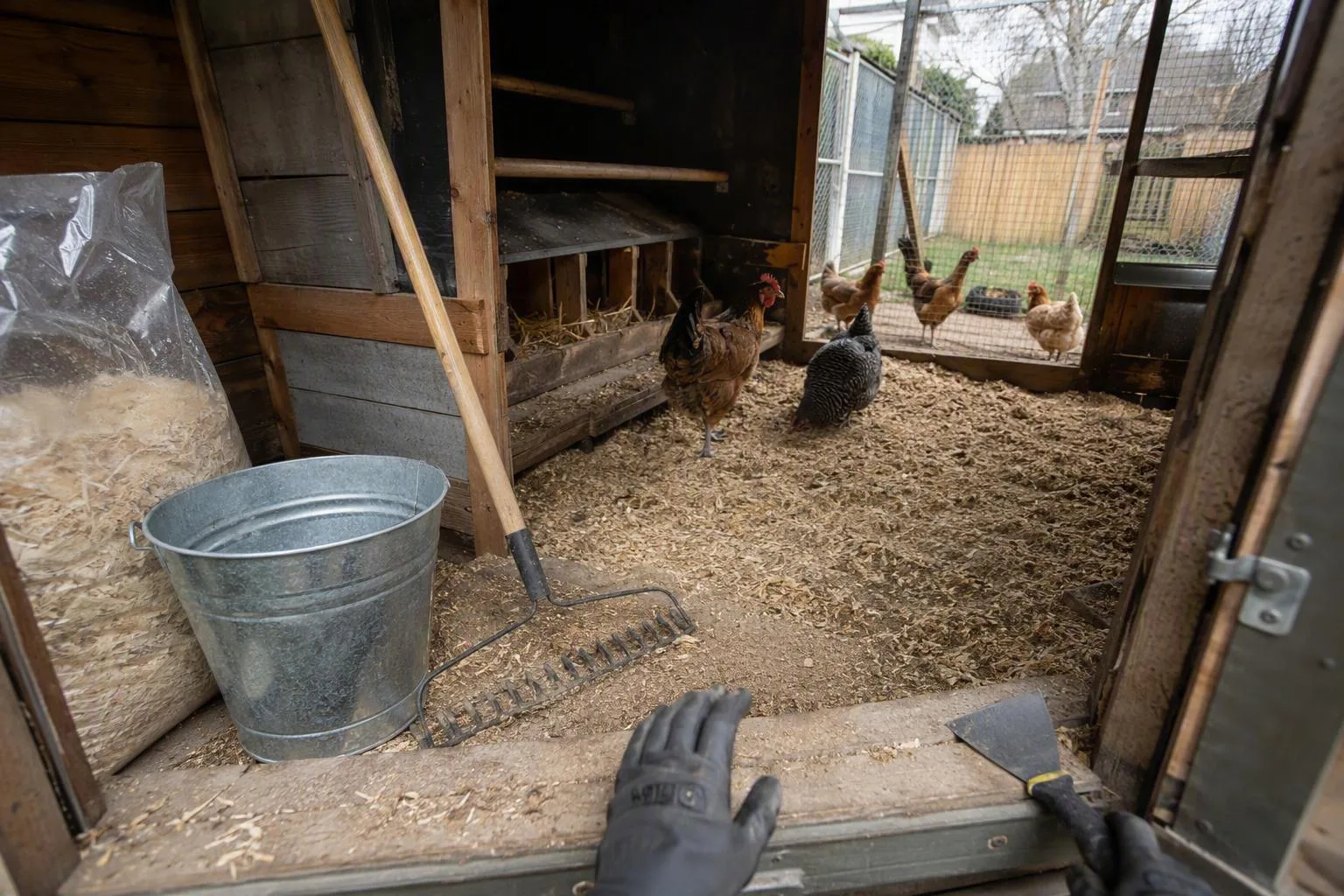 A tidy backyard coop is open with cleaning tools and fresh bedding ready for the weekly routine.